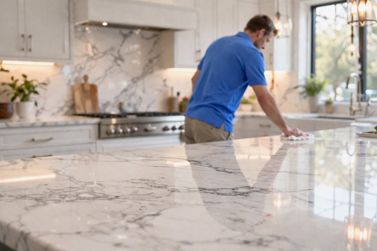 Man in blue shirt cleaning marble countertop in modern kitchen with marble backsplash and stainless steel appliances