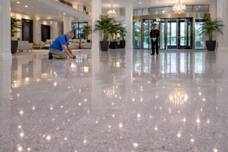 Worker cleaning polished granite floor in modern lobby with chandelier, plants, and glass doors