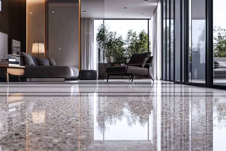 Modern luxury interior with polished concrete floor reflecting contemporary furniture and floor-to-ceiling glass doors opening to outdoor seating area