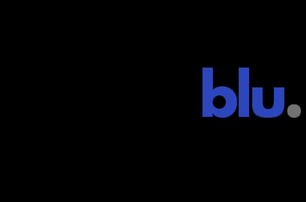 Blu logo in blue text with gray circular accent on black background